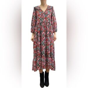 Zara Women’s V-Neck Floral Print Multi Sheer Tiered Maxi Dress Sz XS